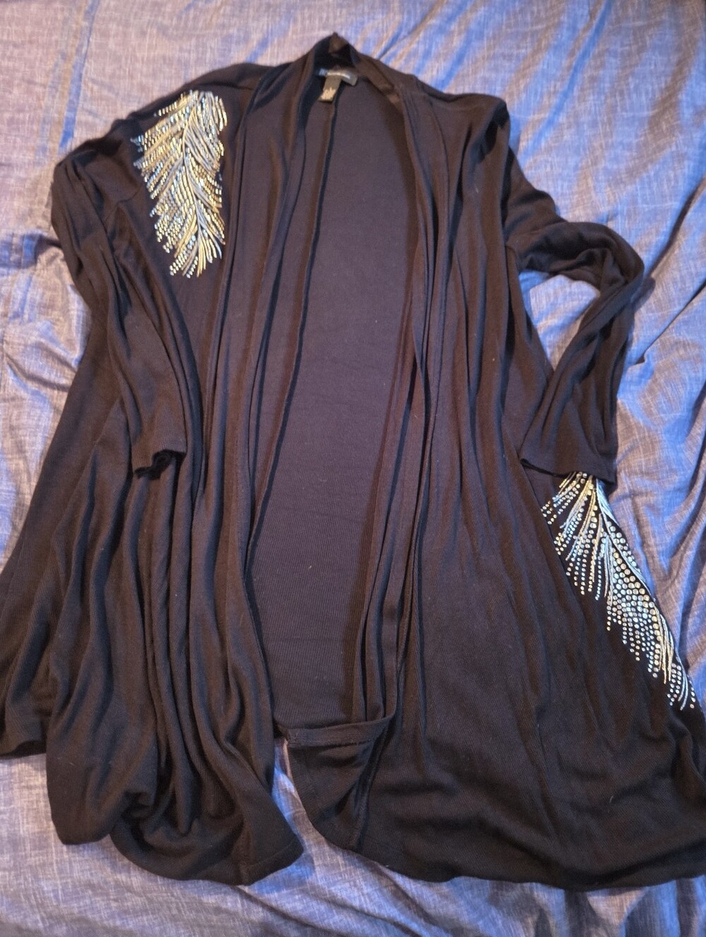 INC International Concepts Black Open-Front Cardigan with Beaded Feather Accents